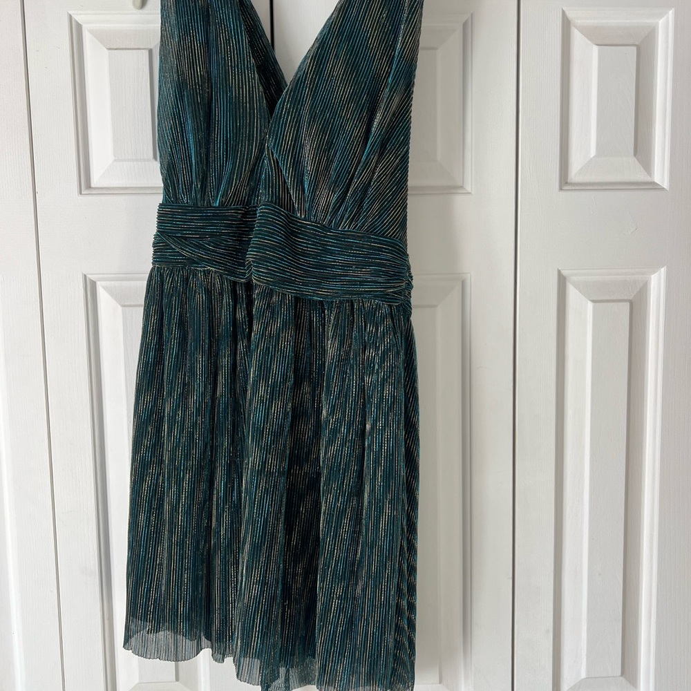 Lulu's Ailey Gold and Teal Skater Dress